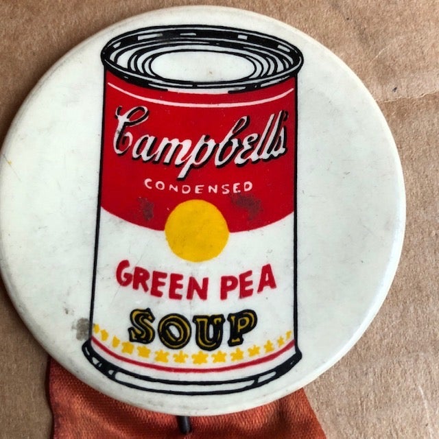 Green Pea Soup Can button. Andy Warhol.